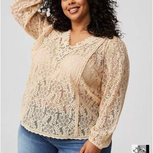 Torrid Lace Mix Long Sleeve Blouse Ivory Size 3 NWT